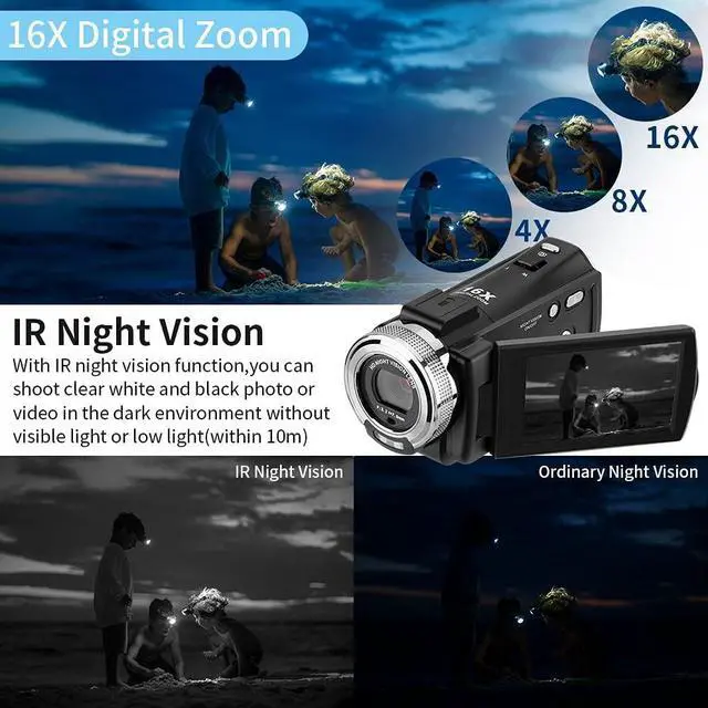 Alt view image 3 of 7 - HDV-V12 HD 1080P Video Camera Recorder Infrared Night Vision Camera Camcorders with 16G SD Card and 2 Batteries