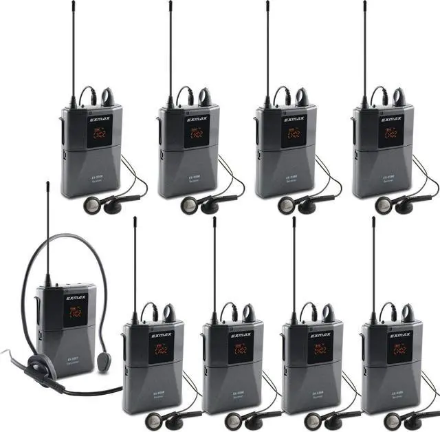 Main image of EXMAX UHF-938 UHF Acoustic Transmission Wireless Headset Microphone Audio Tour Guide System for Church Churches Translation Teaching Travel Simultaneous Interpretation(1 Transmitter and 8 Receivers)