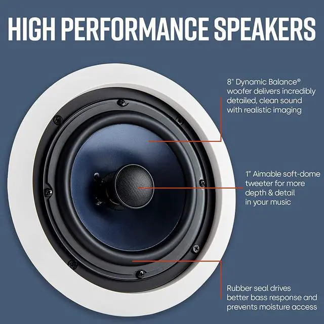 Alt view image 2 of 7 - Polk Audio RC80i 2-way Premium In-Ceiling 8" Round Speakers, Set of 2 Perfect for Damp and Humid Indoor/Outdoor Placement - Bath, Kitchen, Covered Porches (White, Paintable-Grille)