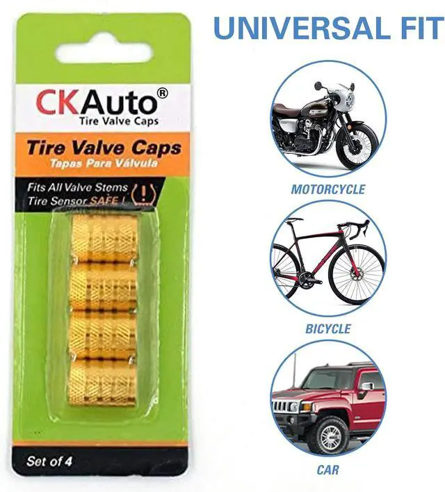 Alt view image 5 of 6 - CKAuto Tire Valve Stem Caps, Aluminum Golden Yellow, 4 Pcs/Pack | Corrosion Resistant, Universal Stem Covers for Cars Trucks Motorcycles SUVs and Bikes
