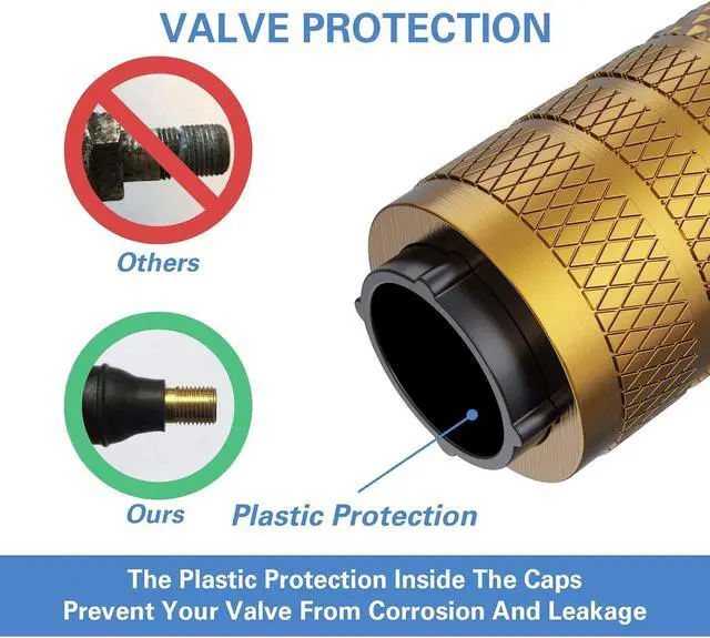 Alt view image 3 of 6 - CKAuto Tire Valve Stem Caps, Aluminum Golden Yellow, 4 Pcs/Pack | Corrosion Resistant, Universal Stem Covers for Cars Trucks Motorcycles SUVs and Bikes