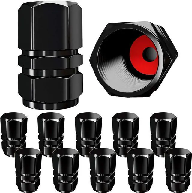 Main image of Tire Valve Caps (12 Pack) Heavy-Duty Stem Covers | Dust Proof, with O Rubber Seal | Hexagon Design | Outdoor, All-Weather, Leak-Proof Air Protection | Light-Weight Universal Aluminum Alloy (Black)