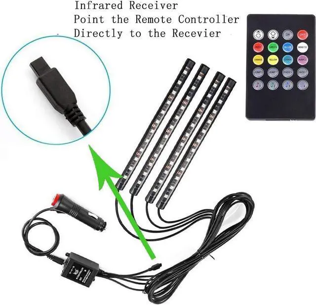 Alt view image 3 of 7 - Car LED Strip Light,Uniwit 4 Pieces DC 12V 72 LED Multicolor Car Interior Music Light LED Underdash Lighting Kit with Sound Active Function and Wireless Remote Control Including Car Charger