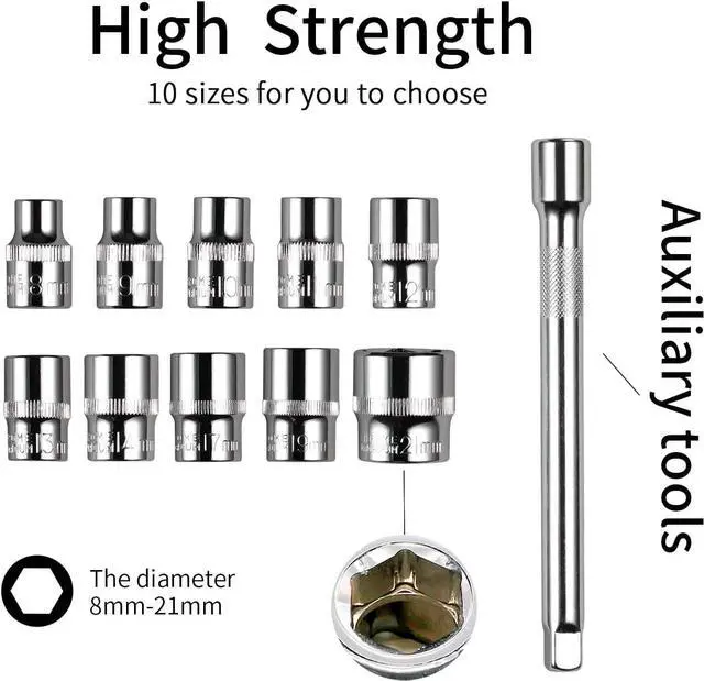Alt view image 3 of 7 - Egofine 12pcs 3/8 Inch Ratchet Socket Wrench Set, Drive Socket Set with 10 Sockets 8-14,17,19,21mm and 2 Way Quick Released Ratchet Handle and Extension Bar