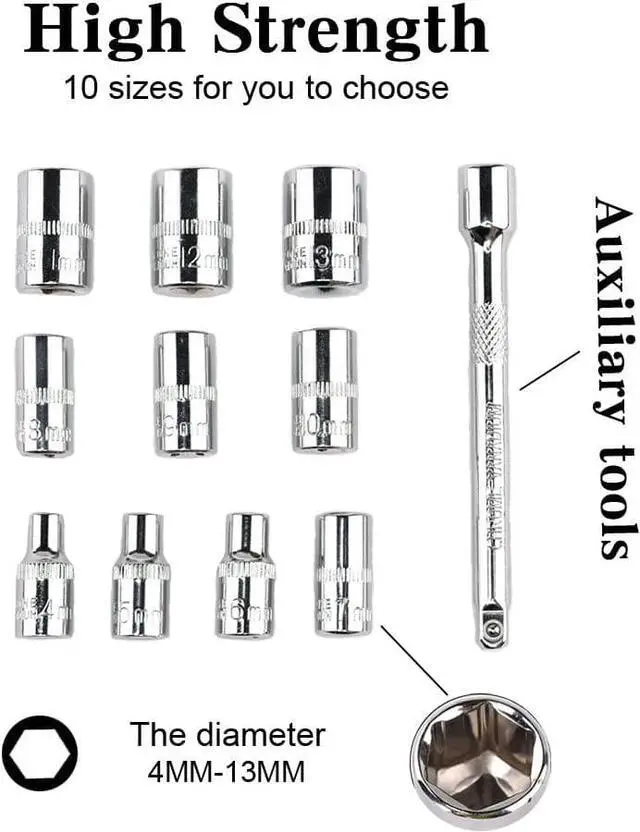 Alt view image 4 of 7 - Egofine 12pcs 1/4 Inch Ratchet Socket Wrench Set, Drive Socket Set with 10 Sockets 4-13mm and 2 Way Quick Released Ratchet Handle and Extension Bar