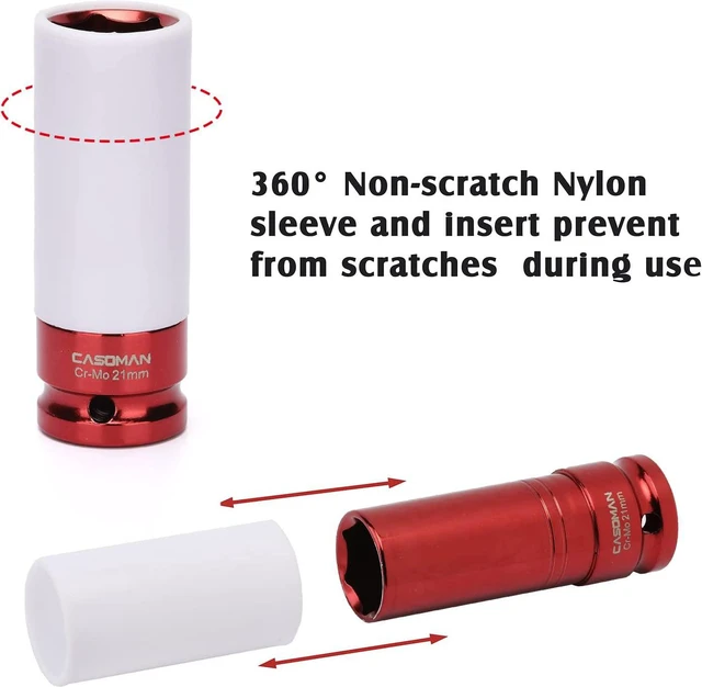 Alt view image 4 of 6 - CASOMAN 1/2- Inch Drive Wheel Protector Impact Socket, 1/2" Thin Wall Deep Impact Socket Set Plastic Sleeve Lug Nut, 4 Pieces Set, 6 Point,Metric, CR-MO, 17mm,19mm,21mm,22mm