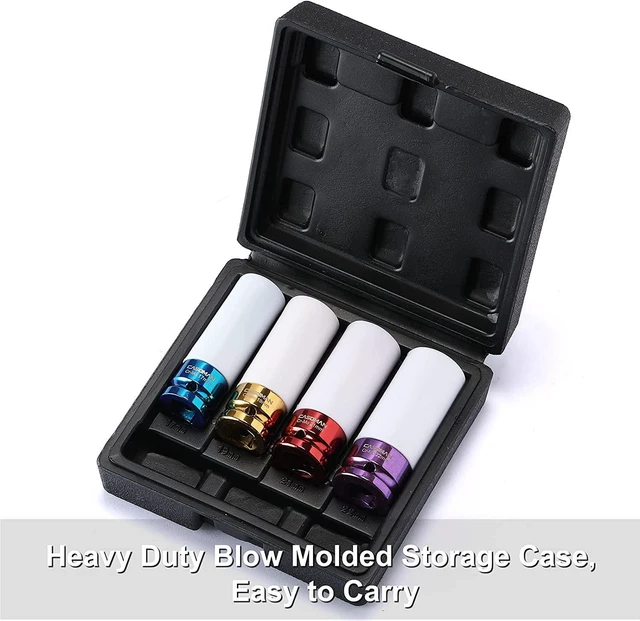 Alt view image 6 of 6 - CASOMAN 1/2- Inch Drive Wheel Protector Impact Socket, 1/2" Thin Wall Deep Impact Socket Set Plastic Sleeve Lug Nut, 4 Pieces Set, 6 Point,Metric, CR-MO, 17mm,19mm,21mm,22mm