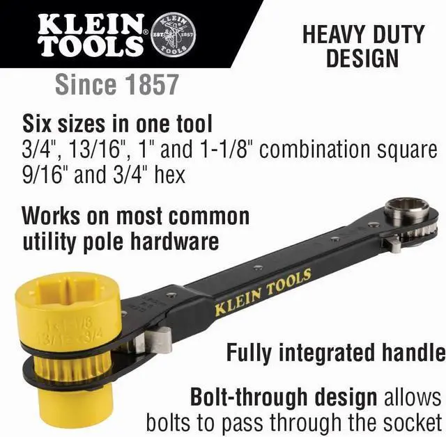 Alt view image 2 of 7 - Klein Tools KT155HD Heavy-Duty 6-In-1 Lineman's Ratcheting Wrench with Bolt Through Design and Bright Yellow Socket