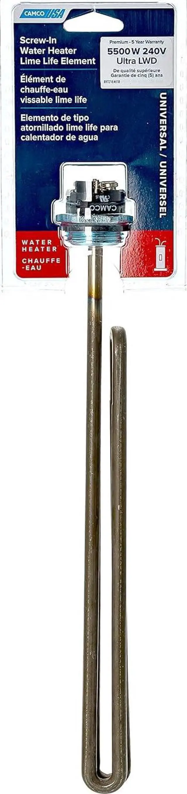 Alt view image 4 of 4 - Camco 02932/02933 5500W 240V Screw-in Lime Life Foldback Water Heater Element - Ultra Low Watt Density