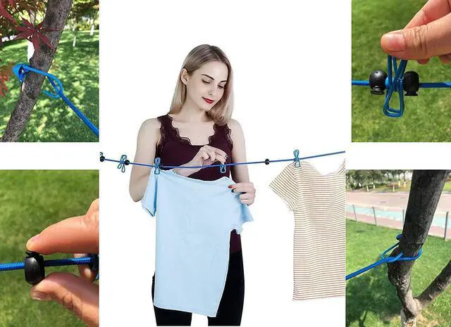 Alt view image 7 of 7 - 2 Pack Portable Clothesline with 12 Clothespins, Windproof Travel Stretchy Retractable Elastic Laundry Clothes Line for Backyard, Vacation Hotel, Balcony Drying