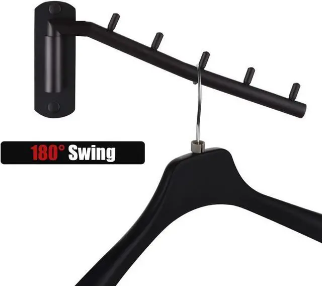 Alt view image 3 of 7 - JQK Folding Clothes Hanger Rack, Stainless Steel Swing Arm Hook Holder, Clothing Hanging System Drying Closet Storage Organizer Matte Black Wall Mount, SHR100-PB