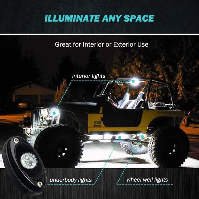 Alt view image 3 of 5 - 4 Pods LED Rock Light Kit Blue LED Neon Lights for Jeep Car UTV ATV SUV Off Road Boat Under Glow Lamp Truck Bed Lighting Waterproof