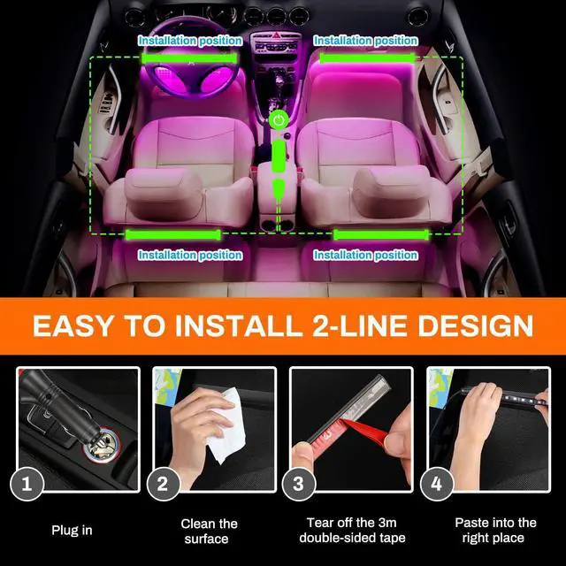Alt view image 6 of 6 - Interior Car Lights, Upgrade 2-in-1 Design DC 12V Sound Activated 48 Led Car Strip Lights, Box Control, Remote Control and APP Control Lighting Kits for All Vehicles, Parties, Indoor/Outdoor