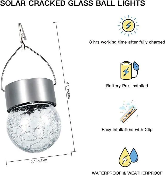 Alt view image 6 of 7 - SUNWIND Hanging Solar Ball Lights Outdoor - 8 Pack Cracked Glass Decorative Garden Lights Waterproof Solar Lanterns for Yard, Patio, Fence, Tree, or Holiday Decoration(White)