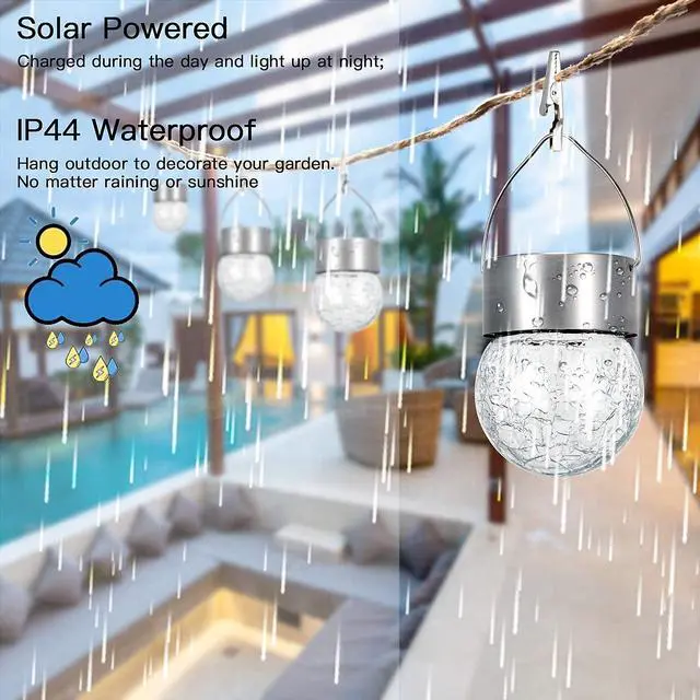 Alt view image 4 of 7 - SUNWIND Hanging Solar Ball Lights Outdoor - 8 Pack Cracked Glass Decorative Garden Lights Waterproof Solar Lanterns for Yard, Patio, Fence, Tree, or Holiday Decoration(White)
