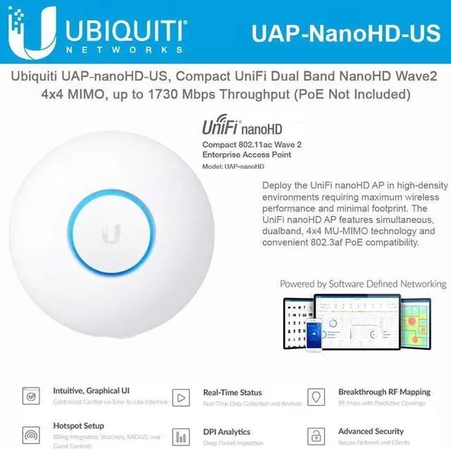 Main image of UniFi nanoHD UAP-nanoHD-US Compact Dual Band Wave2 Enterprise Wi-Fi 4x4 MIMO 1730 Mbps