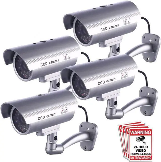 Main image of FITNATE Dummy Security Camera, 4 Packs Fake Surveillance Security CCTV Camera System with LED Red Flashing Light for Both Indoor & Outdoor Use + Security Camera Warning Stickers × 4 (Silver)