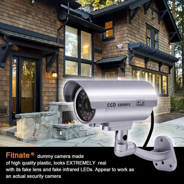 Alt view image 2 of 7 - FITNATE Dummy Security Camera, 4 Packs Fake Surveillance Security CCTV Camera System with LED Red Flashing Light for Both Indoor & Outdoor Use + Security Camera Warning Stickers × 4 (Silver)