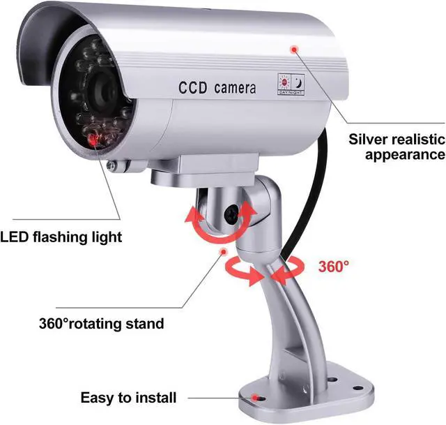 Alt view image 6 of 7 - FITNATE Dummy Security Camera, 4 Packs Fake Surveillance Security CCTV Camera System with LED Red Flashing Light for Both Indoor & Outdoor Use + Security Camera Warning Stickers × 4 (Silver)