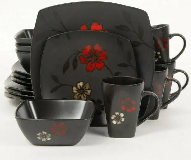 Alt view image 8 of 9 - Gibson Evening Blossom Reactive Glaze Stoneware Dinnerware Set,16 Piece