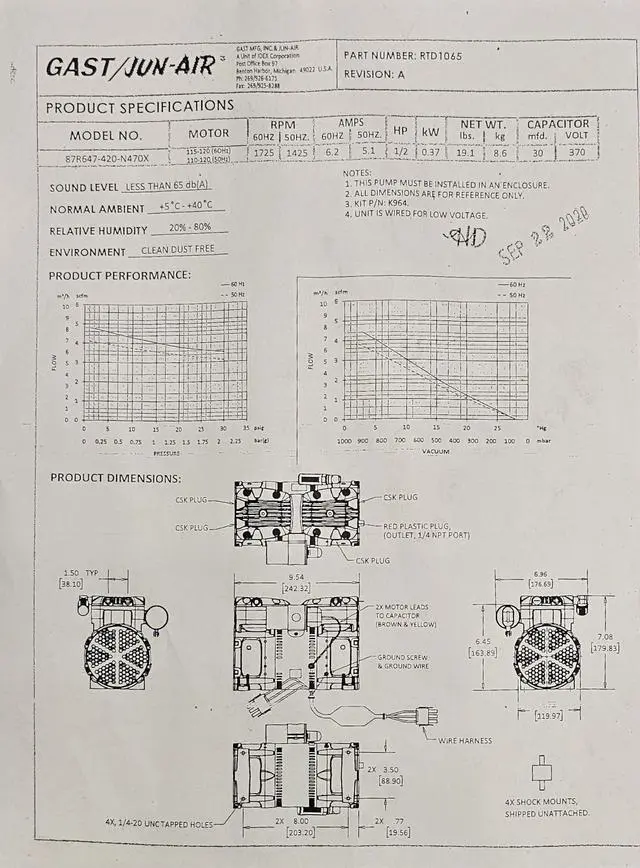 Alt view image 2 of 7 - Gast 87R647 Oil Free Twin Cylinder Vacuum Pump 1/2HP 120/240V, 6.2A
