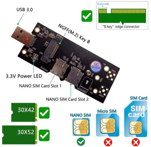Alt view image 3 of 6 - M.2 Key B to USB 3.0 Adapter Riser Card for Desktop PC with Dual SIM Card Slot Connector for /LTE 2/3/4G 5G Module