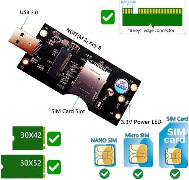 Alt view image 3 of 6 - M.2 Key B to USB 3.0 Adapter Riser Card for Desktop PC with SIM Card Slot Connector Board for /LTE 2/3/4G 5G Module