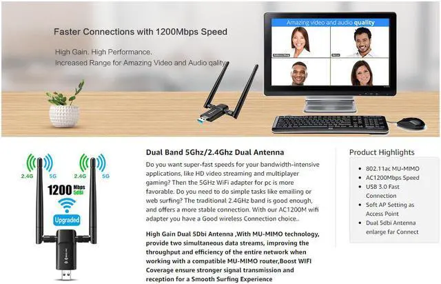 Alt view image 6 of 7 - Wireless USB WiFi Adapter for PC - 802.11AC 1200Mbps Dual 5Dbi Antennas 5G/2.4G WiFi USB for PC Desktop Laptop MAC Windows 10/8/8.1/7/Vista/XP/Mac10.6/10.13, WiFi USB Computer Network Adapters