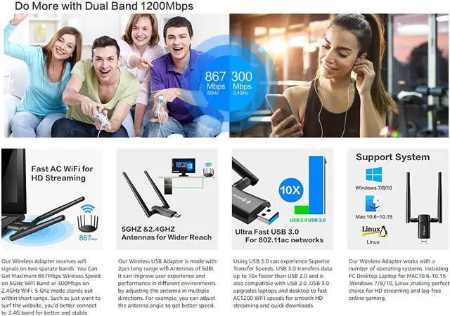 Alt view image 7 of 7 - Wireless USB WiFi Adapter for PC - 802.11AC 1200Mbps Dual 5Dbi Antennas 5G/2.4G WiFi USB for PC Desktop Laptop MAC Windows 10/8/8.1/7/Vista/XP/Mac10.6/10.13, WiFi USB Computer Network Adapters