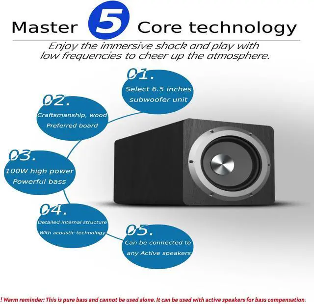 Alt view image 5 of 7 - 6.5 Inch 100W High Power Active Subwoofer Plug and Play Turbocharged Speaker Fit for Home Theater Black US Plug 100240V