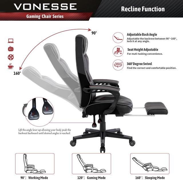 Vonesse Gaming Chair with Footrest, Reclining Computer Gaming