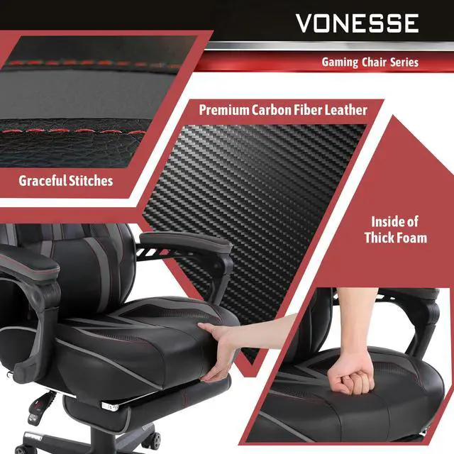Alt view image 5 of 7 - Vonesse Gaming Chair with Footrest, Reclining Computer Gaming Chair with Massage, Gamer Chair Big and Tall, Game Chair for Adults, Ergonomic Gaming Desk Chair, Racing Chair with Lumbar Pillow(Gray)