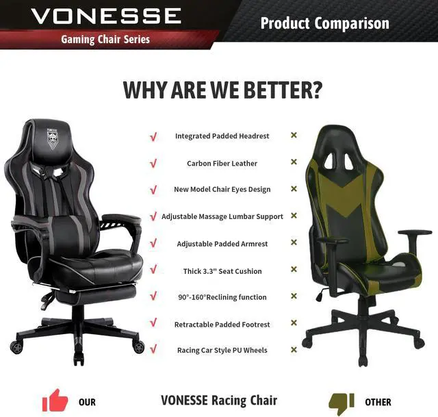Alt view image 6 of 7 - Vonesse Gaming Chair with Footrest, Reclining Computer Gaming Chair with Massage, Gamer Chair Big and Tall, Game Chair for Adults, Ergonomic Gaming Desk Chair, Racing Chair with Lumbar Pillow(Gray)