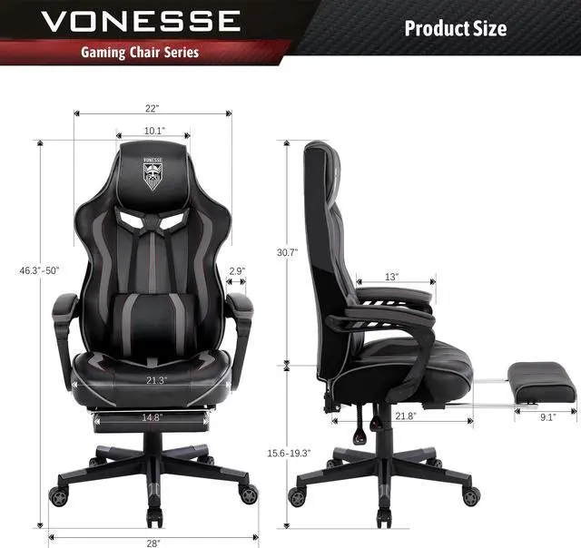 Alt view image 7 of 7 - Vonesse Gaming Chair with Footrest, Reclining Computer Gaming Chair with Massage, Gamer Chair Big and Tall, Game Chair for Adults, Ergonomic Gaming Desk Chair, Racing Chair with Lumbar Pillow(Gray)