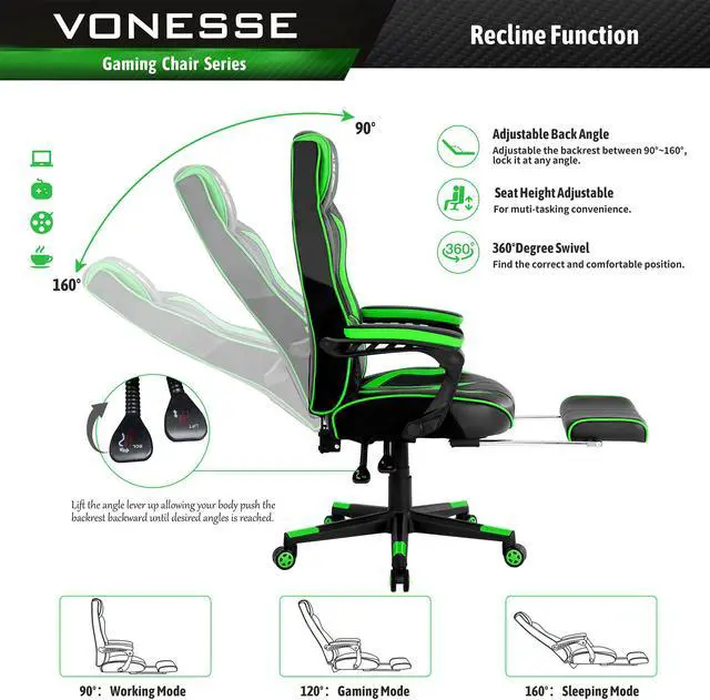 Alt view image 3 of 7 - Gaming Chair with Footrest, High Back Gamer Chair with Massage, Reclining Computer Chair, Big and Tall Gaming Desk Chair, Ergonomic Game Chair for Adults, Computer Gaming Chair for Teens (Green)