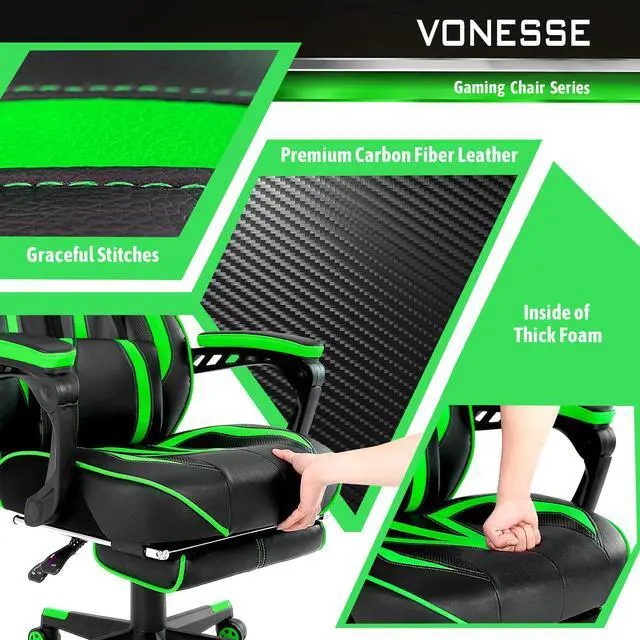 Alt view image 5 of 7 - Gaming Chair with Footrest, High Back Gamer Chair with Massage, Reclining Computer Chair, Big and Tall Gaming Desk Chair, Ergonomic Game Chair for Adults, Computer Gaming Chair for Teens (Green)