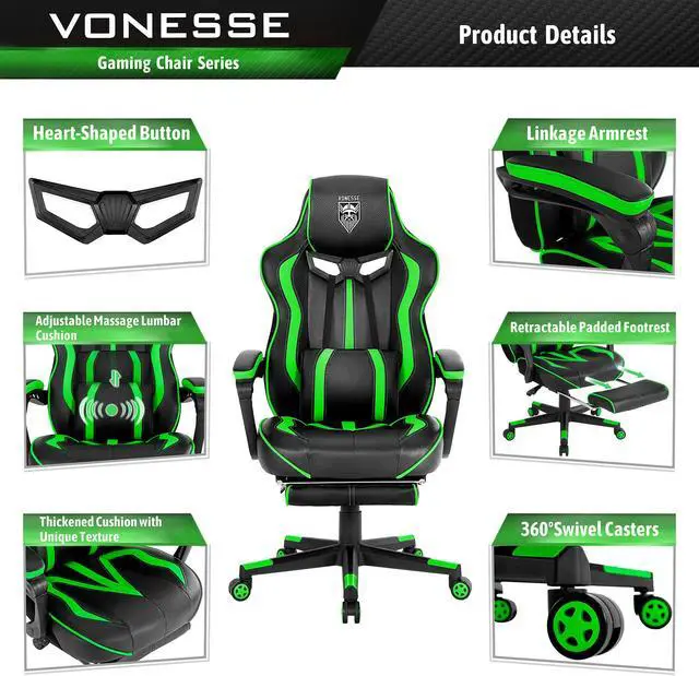 Alt view image 2 of 7 - Gaming Chair with Footrest, High Back Gamer Chair with Massage, Reclining Computer Chair, Big and Tall Gaming Desk Chair, Ergonomic Game Chair for Adults, Computer Gaming Chair for Teens (Green)