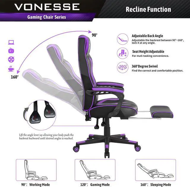 Alt view image 3 of 7 - Purple Gaming Chair with Footrest, Reclining Computer Gaming Chair, High Back Gamer Chair with Massage, Ergonomic PC Gaming Chair, Racing Style Gaming Desk Chair, Big and Tall Gaming Chairs for Adults
