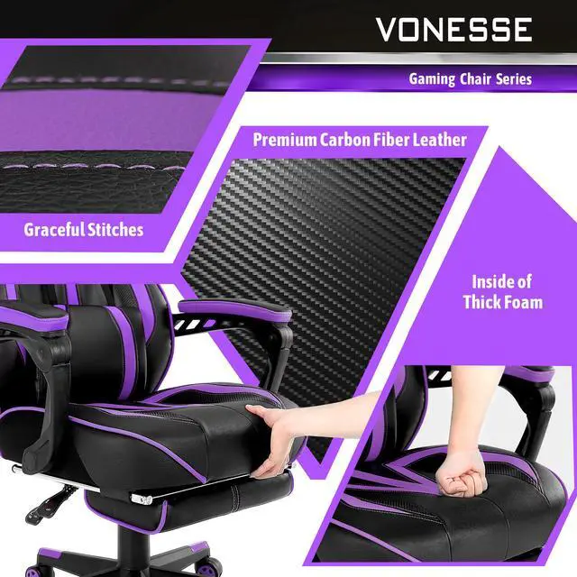 Alt view image 5 of 7 - Purple Gaming Chair with Footrest, Reclining Computer Gaming Chair, High Back Gamer Chair with Massage, Ergonomic PC Gaming Chair, Racing Style Gaming Desk Chair, Big and Tall Gaming Chairs for Adults