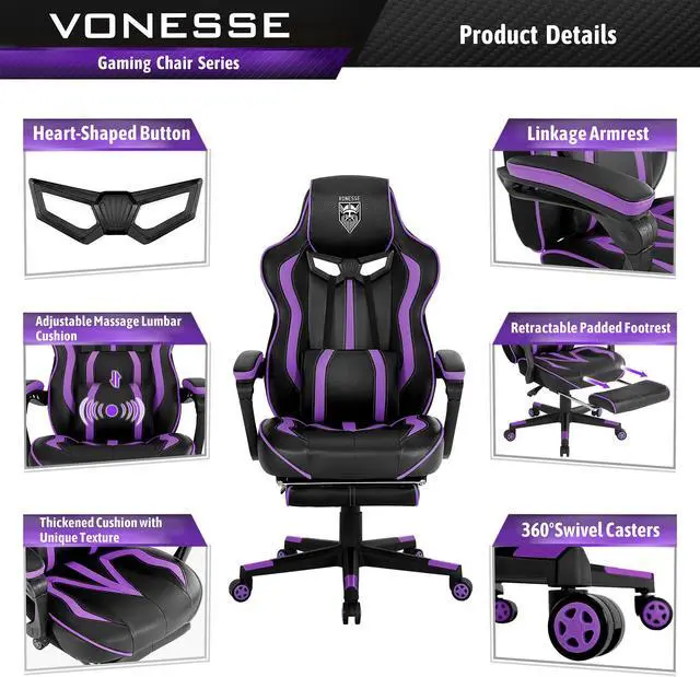 Alt view image 2 of 7 - Purple Gaming Chair with Footrest, Reclining Computer Gaming Chair, High Back Gamer Chair with Massage, Ergonomic PC Gaming Chair, Racing Style Gaming Desk Chair, Big and Tall Gaming Chairs for Adults