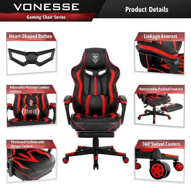 Alt view image 2 of 7 - Reclining Gaming Chair with Footrest, Gaming Computer Chair with Massage, Recliner Computer Chair, High Back Gaming Desk Chair, Racing Style Gamer Chair, Big and Tall Gaming Chairs for Adults (Red)