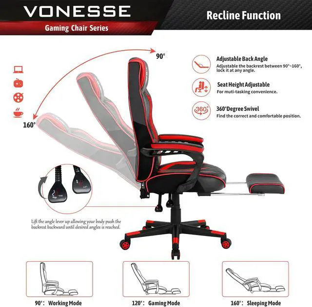 Alt view image 3 of 7 - Reclining Gaming Chair with Footrest, Gaming Computer Chair with Massage, Recliner Computer Chair, High Back Gaming Desk Chair, Racing Style Gamer Chair, Big and Tall Gaming Chairs for Adults (Red)