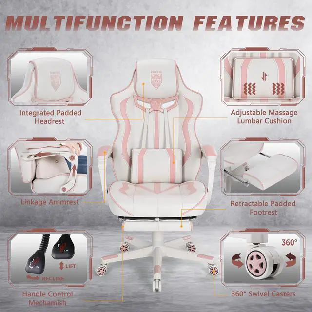 Alt view image 4 of 7 - Vonesse Pink Gaming Chair Gaming Chairs for Adults Office PC Game Chair for Girls Racing Style Reclining Computer Chair with Footrest Swivel Ergonomic Gaming Computer Chair with Massage High Back