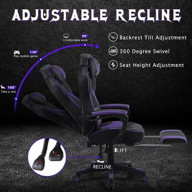 Alt view image 2 of 7 - Zeanus Purple Gaming Chair, Reclining Computer Chair with Footrest, High Back Gamer Chair with Massage, Ergonomic PC Gaming Chair, Racing Style Desk Chair, Big and Tall Gaming Chairs for Adults