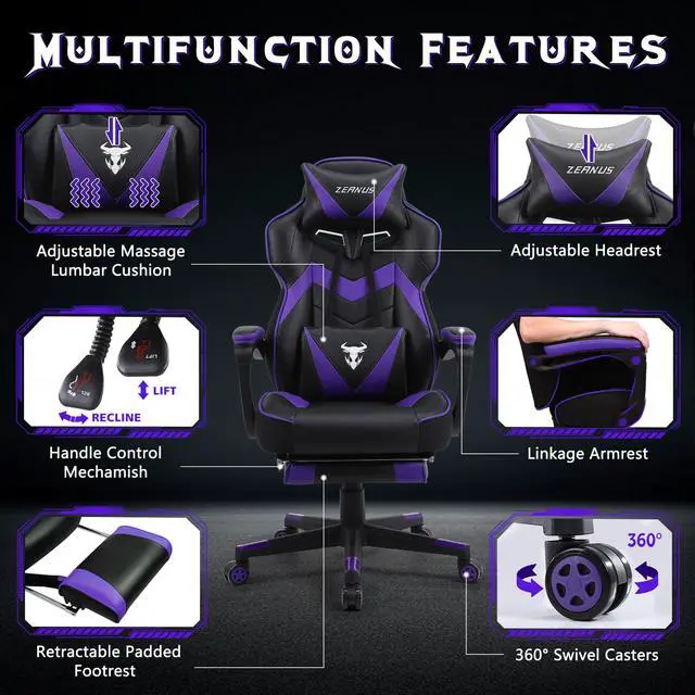 Alt view image 3 of 7 - Zeanus Purple Gaming Chair, Reclining Computer Chair with Footrest, High Back Gamer Chair with Massage, Ergonomic PC Gaming Chair, Racing Style Desk Chair, Big and Tall Gaming Chairs for Adults