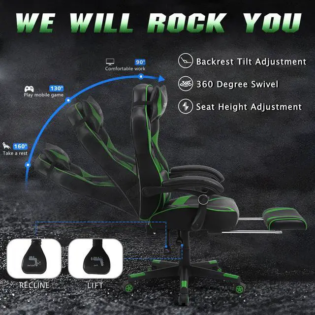 Alt view image 2 of 7 - Zeanus Computer Gaming Chair for Adults, Gaming Chair with Massage, Ergonomic Gaming Chair with Footrest, Big and Tall Gaming Chair, Reclining Desk Gaming Chair, High Back Racing Chair (Green)