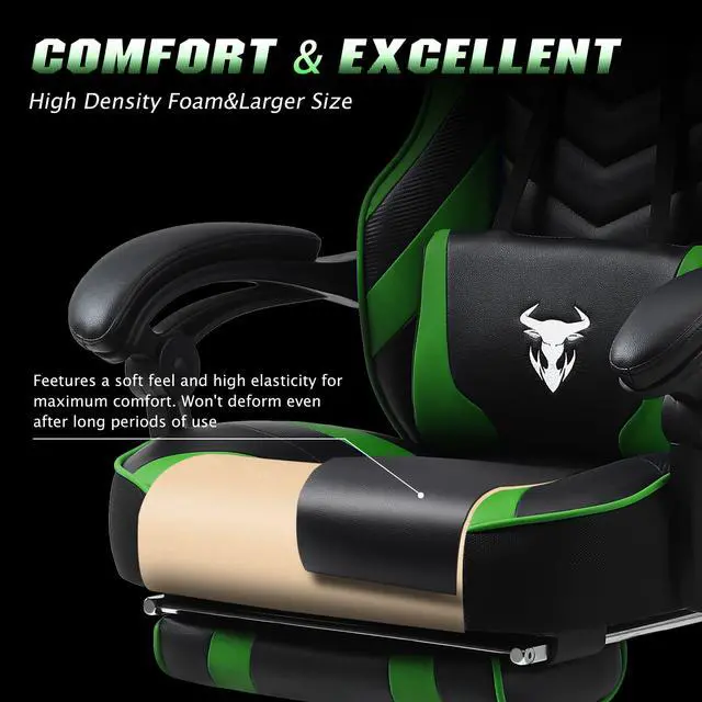 Alt view image 4 of 7 - Zeanus Computer Gaming Chair for Adults, Gaming Chair with Massage, Ergonomic Gaming Chair with Footrest, Big and Tall Gaming Chair, Reclining Desk Gaming Chair, High Back Racing Chair (Green)