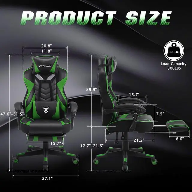 Alt view image 6 of 7 - Zeanus Computer Gaming Chair for Adults, Gaming Chair with Massage, Ergonomic Gaming Chair with Footrest, Big and Tall Gaming Chair, Reclining Desk Gaming Chair, High Back Racing Chair (Green)
