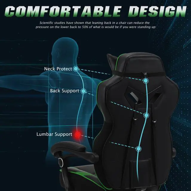 Alt view image 7 of 7 - Zeanus Computer Gaming Chair for Adults, Gaming Chair with Massage, Ergonomic Gaming Chair with Footrest, Big and Tall Gaming Chair, Reclining Desk Gaming Chair, High Back Racing Chair (Green)
