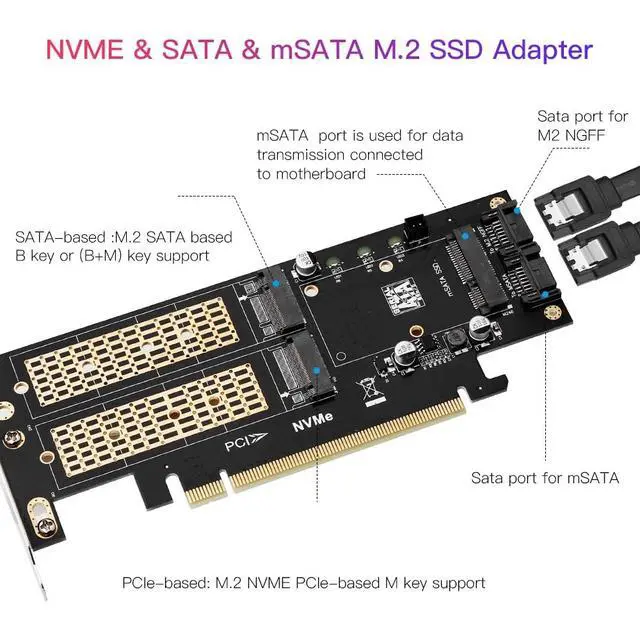 Alt view image 2 of 7 - 3 in 1 NGFF and MSATA SSD Adapter Card,M.2 NVME to PCIE/M.2 SATA SSD to SATA III/MSATA to SATA Adapter for 2280/2260 - OEM